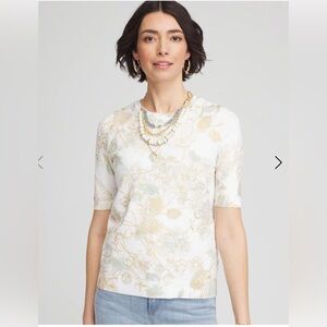 NWT Chico’s Pullover Sweater White Floral Golden Foil Design Round Neck Sz 4 XXL